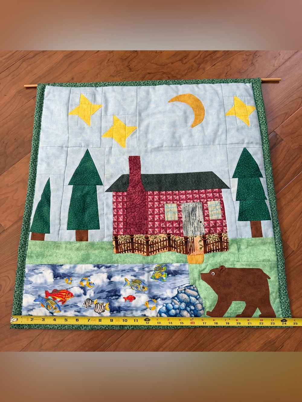 Wall Hanging Quilt Throw Country Cabin Bear Fish‎ Lodge Pine Trees Moon 24”x 24” - Picture 3 of 11